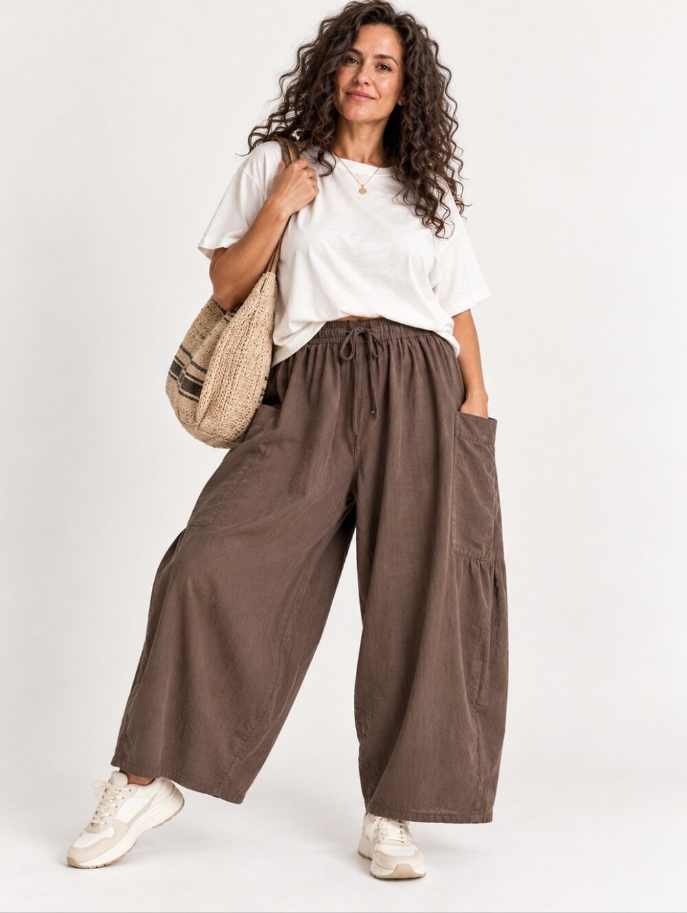 Tarse Linen Blend Wide Leg Drop Crotch Pants Brown Size L